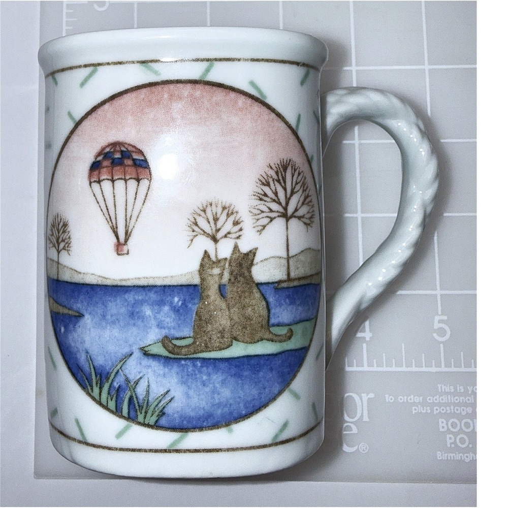 Vintage Cat Mug Japan Square Shape 8oz White Good 80s Hot Air Balloon‎ Sunset